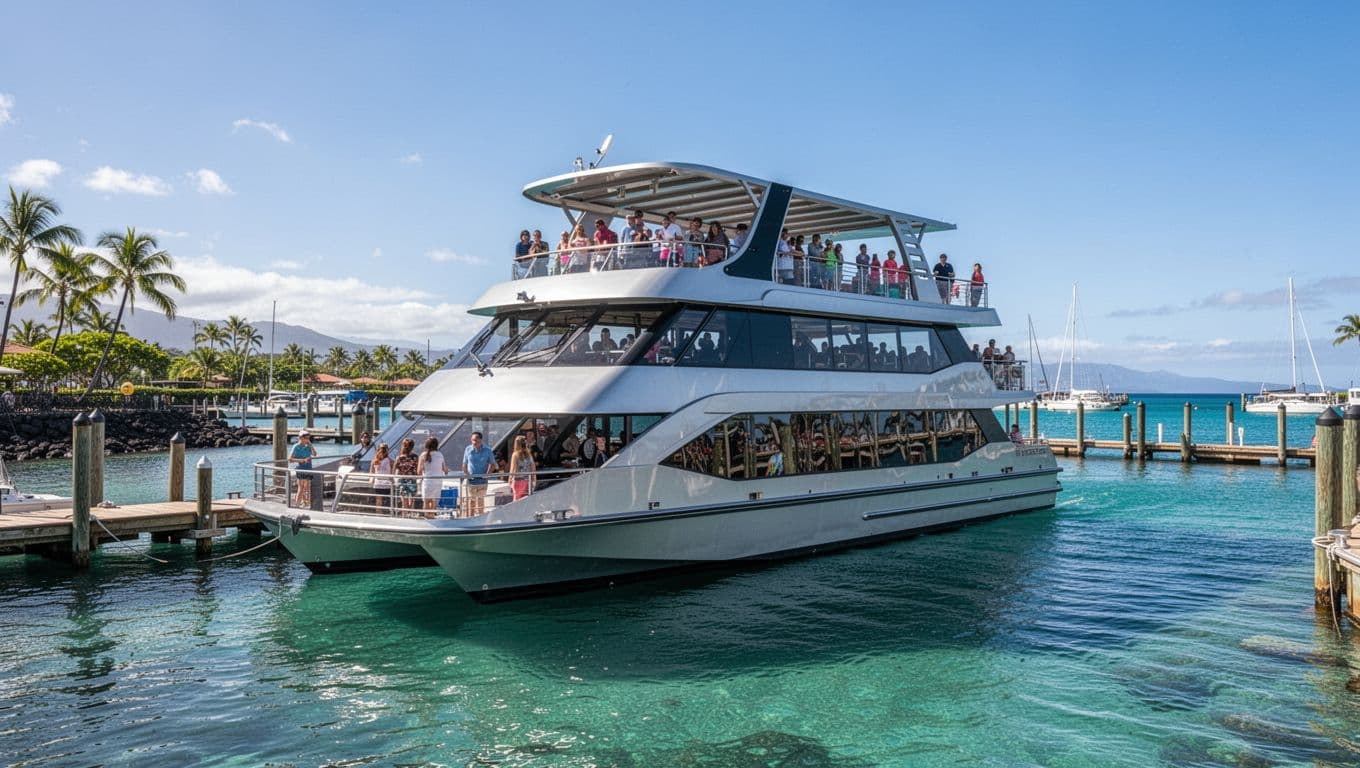 A sleek, large tour vessel featuring two levels is moored within a crystal-clear turquoise harbor. Tourists stand on the expansive open-air upper deck under a vibrant, cloudless tropical blue sky.
