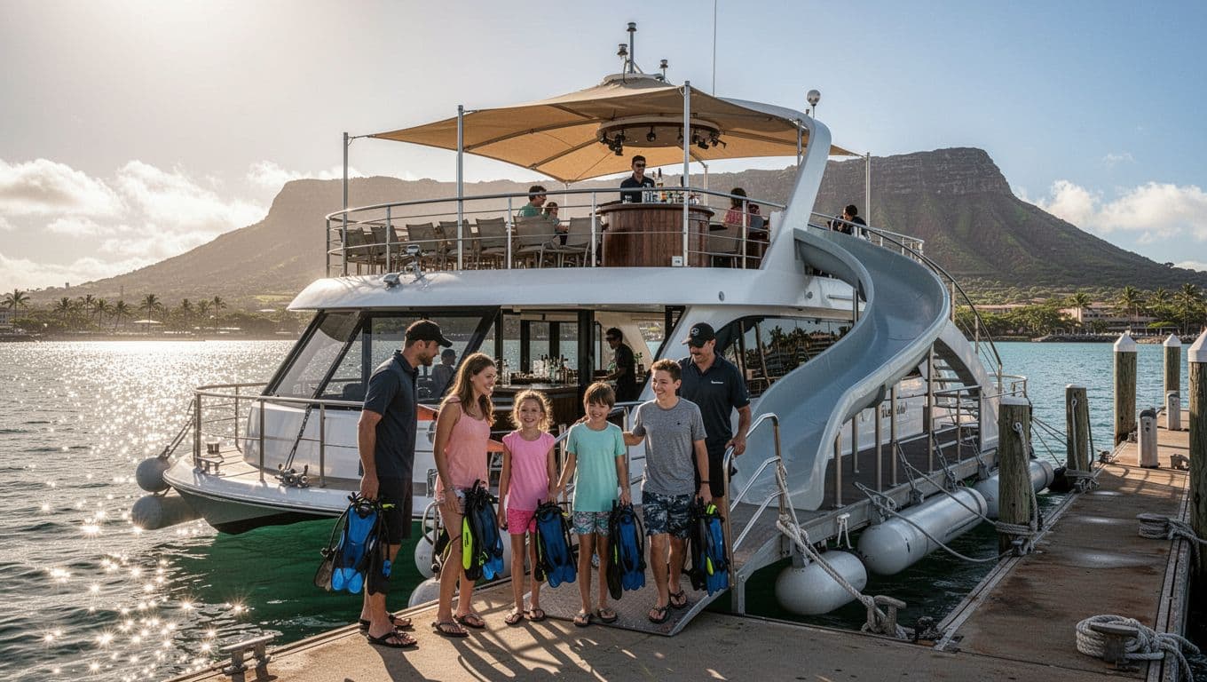 A modern double-decker tour boat docked at Kewalo Basin Boat Harbor near Waikiki, Oahu, featuring shaded seating, cash bar, water slide, and SeaKeeper stabilization. Crew helps two families board with snorkel gear under morning sunlight with Diamond Head in the background.