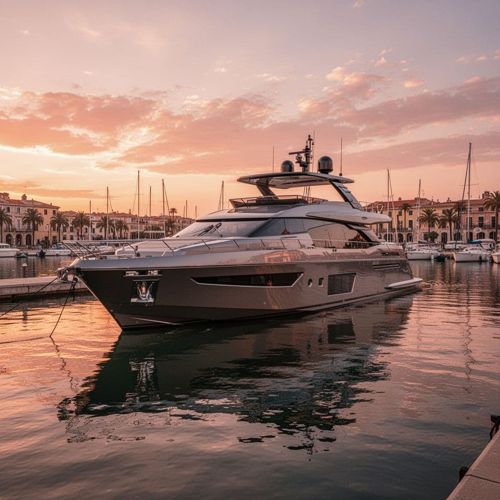 A sleek modern boat rests at a peaceful harbor during a vibrant orange sunset.