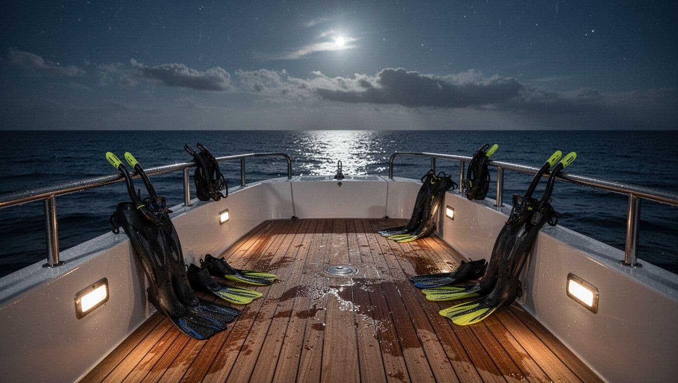 Wet snorkel gear rests on the wooden deck of a modern boat at night with calm ocean waters.