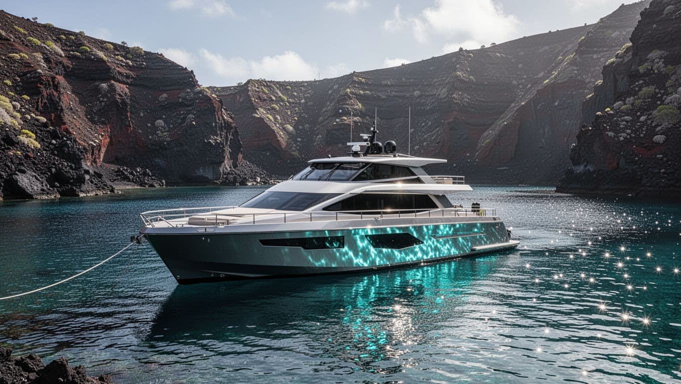 A sleek white vessel floats upon glassy azure water near a rugged volcanic coastline. Sunlight highlights the boat's clean lines and modern design as it prepares for an upcoming snorkeling excursion.