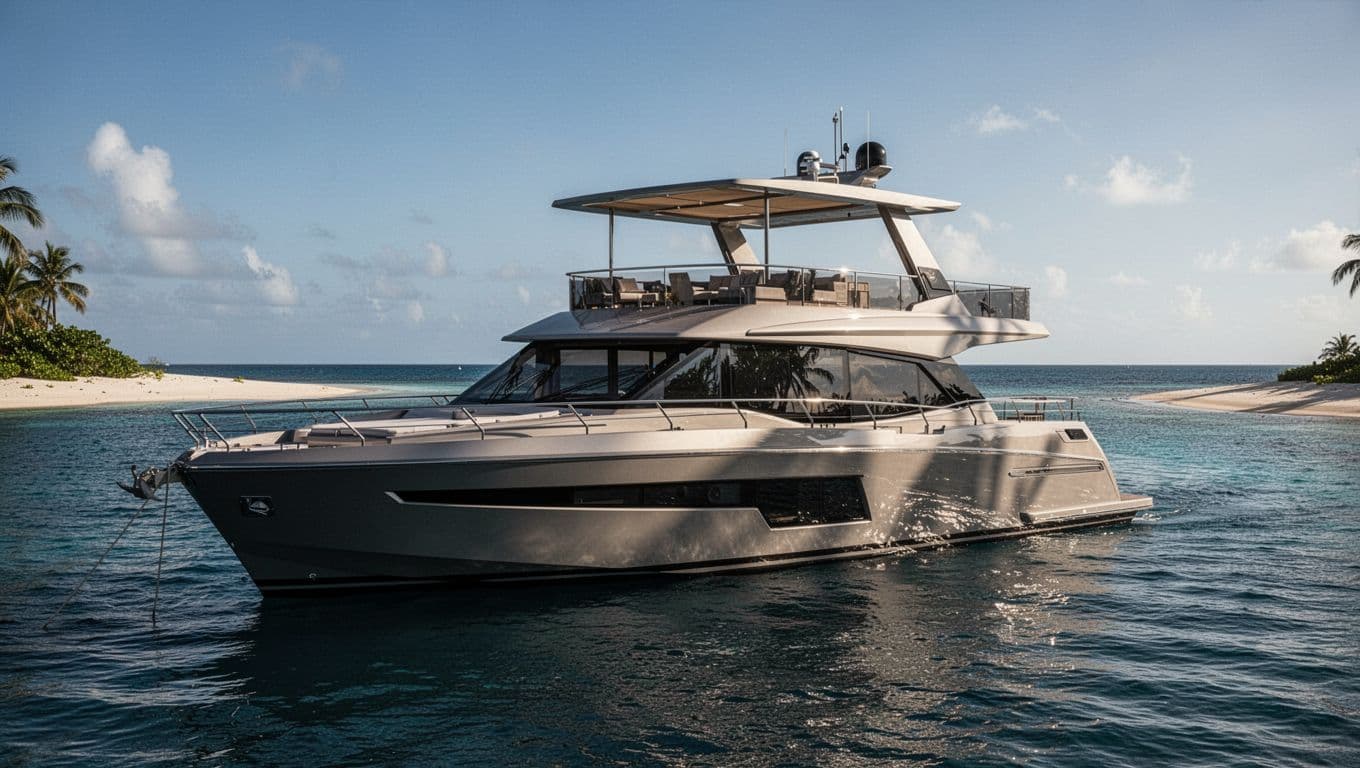 A sleek double-decker boat sits anchored in calm blue tropical waters off the Waikiki coastline.