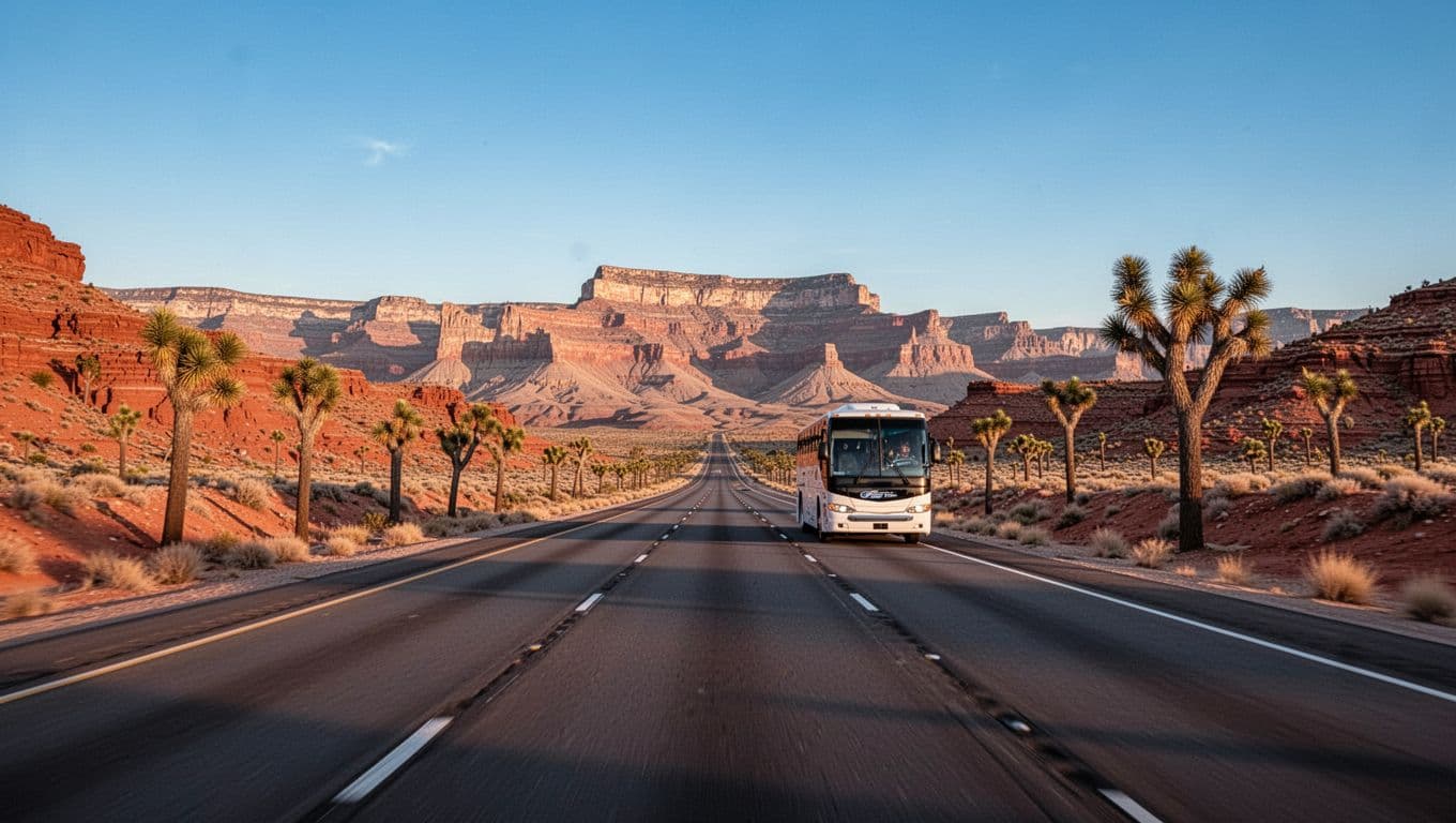 Ultra-realistic cinematic travel photography of a vast empty highway drive through the Mojave Desert toward Grand Canyon West Rim, featuring red-rock landscapes with Joshua trees, clear blue sky, and golden-hour lighting, with a distant tour bus conveying journey safety and anticipation.