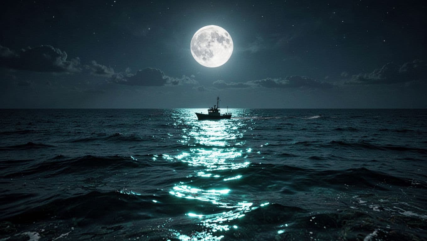 A radiant full moon casts shimmering cyan light across the dark, undulating ocean surface at night. In the distance, a small boat silhouette rests calmly under the dramatic celestial glow.