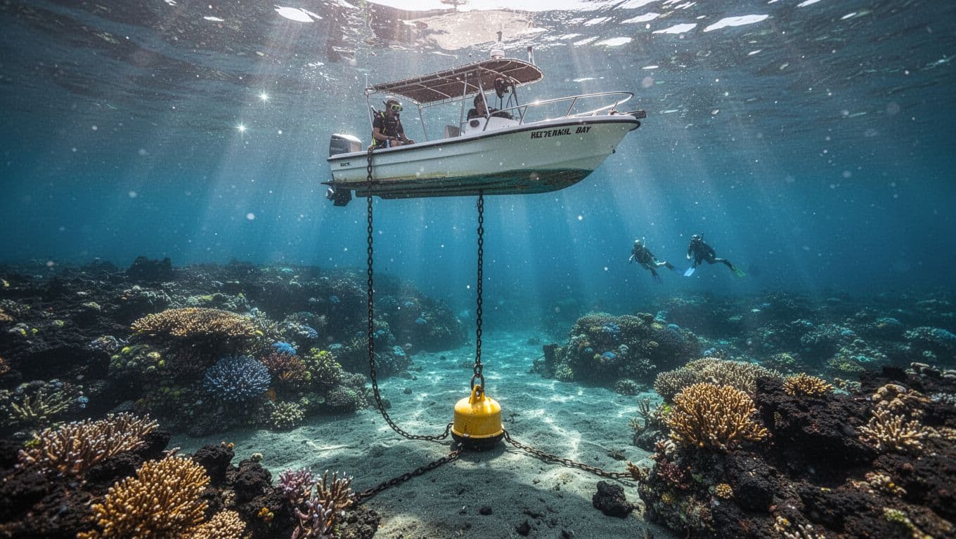 A mooring buoy protects a coral reef beneath a small snorkeling boat.