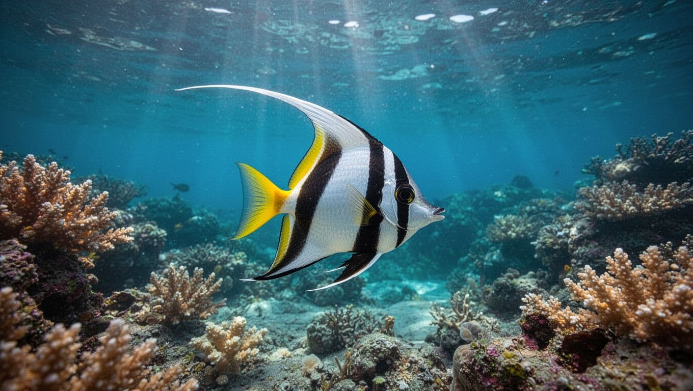 A Moorish Idol fish with bold black and white stripes and yellow fins swims gracefully past vibrant coral structures. The clear turquoise water highlights the fish's elongated dorsal fin in detail.