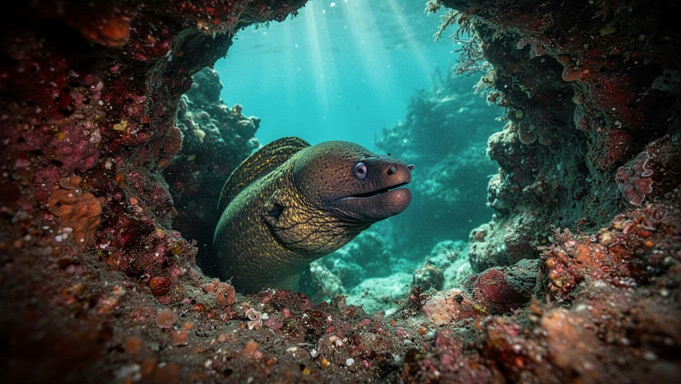 Moray eel peeks from vibrant coral crevice in clear turquoise water with sunlight rays filtering above.