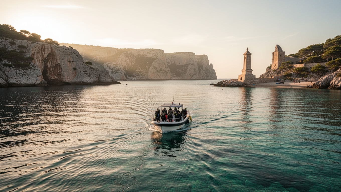 Calm morning sea along Kona coast with a snorkel boat approaching Kealakekua Bay, distant cliffs and Captain Cook monument under soft golden sunlight.