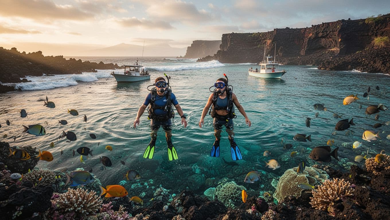 Two snorkelers with masks and fins enter calm turquoise ocean waters off the volcanic Kona coast at early morning sunrise. Gentle waves lap the rocky shore with colorful tropical fish near coral reefs, a boat nearby, and distant lava cliffs in cinematic golden lighting.