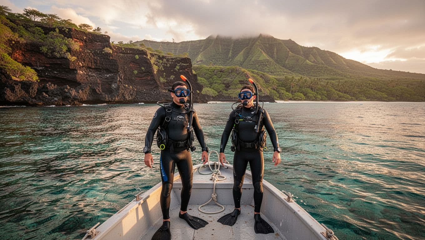 Two snorkelers enter clear turquoise water from anchored boat at sunrise, volcanic cliffs and greenery in background.