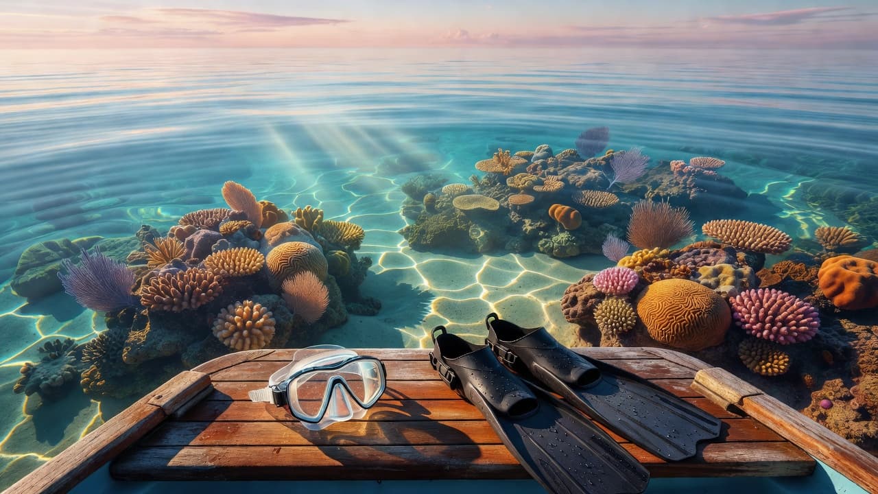 Black snorkeling mask and matching fins sit neatly on the wooden deck of a boat. The calm, turquoise reef waters sparkle under the brilliant glow of the rising morning sun.