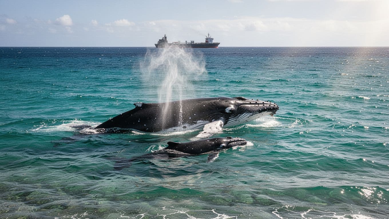 Mother humpback whale with calf swimming close to Oahu shore, spouting water in turquoise sea with distant cruise ship on horizon under dramatic natural light.