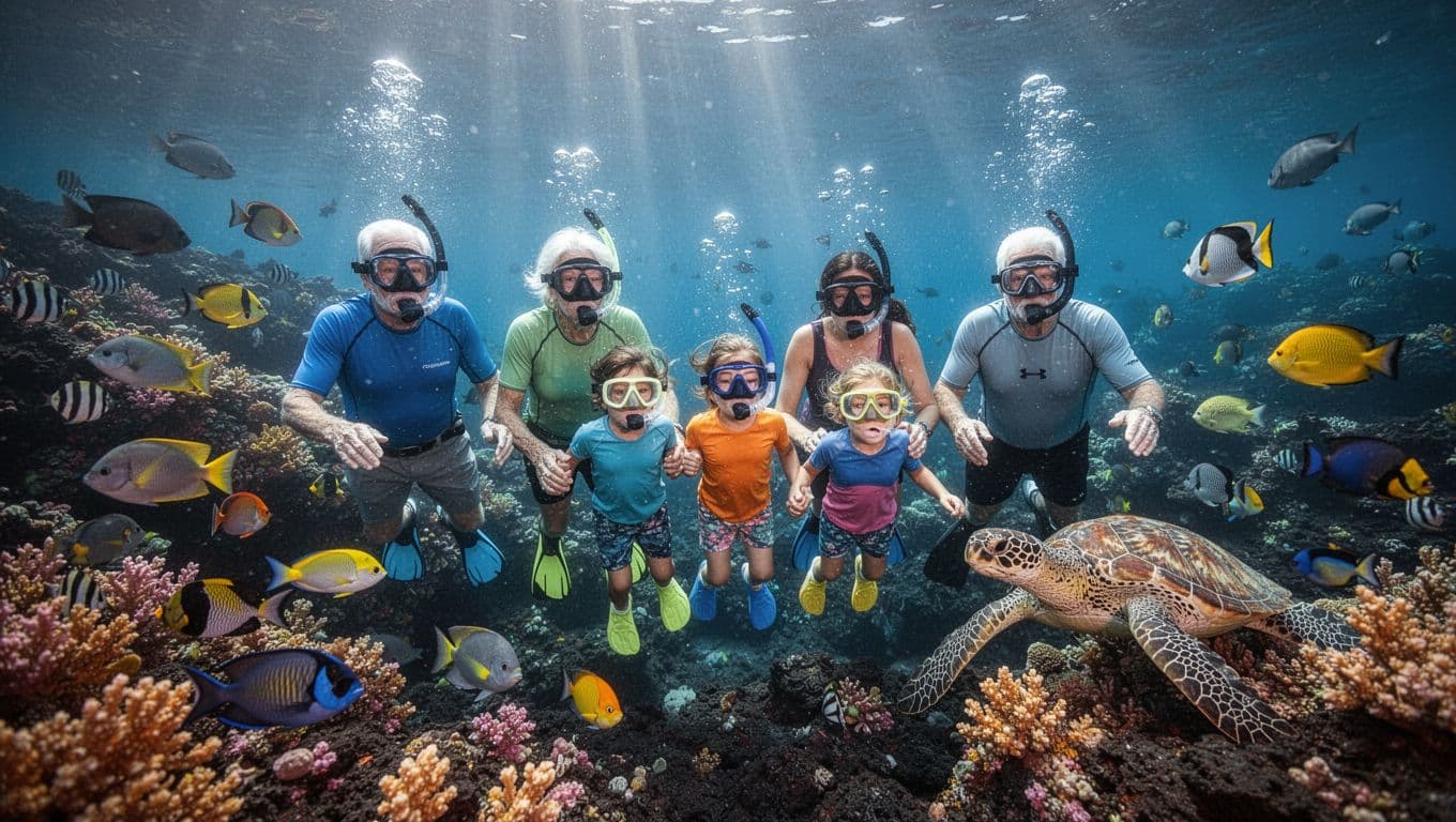 A multi-generational family of five—grandparents, parents, and kids—relaxes while snorkeling in the vibrant, clear volcanic reef of Big Island, Hawaii, surrounded by colorful tropical fish, sea turtles, and coral with dramatic sunlight shafts and cinematic lighting.