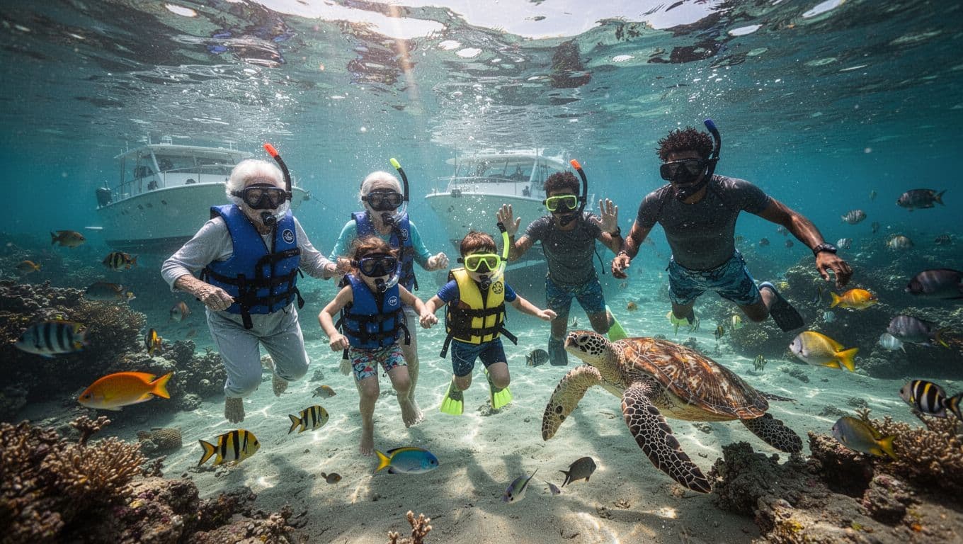 A joyful multigenerational family snorkels safely in clear shallow reef waters near Waikiki, featuring grandmother with float vest, guided child, diving teen, colorful fish, turtles, and anchored boat under dramatic sunlight.