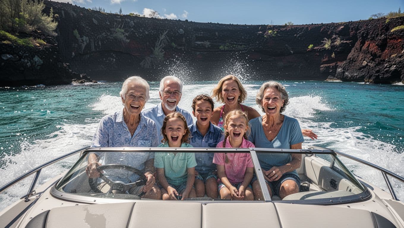 A multi-generational family of five smiles excitedly on a speedboat cruising clear turquoise waters near Big Island's volcanic cliffs, with ocean spray, sunny day, and dramatic cinematic lighting.