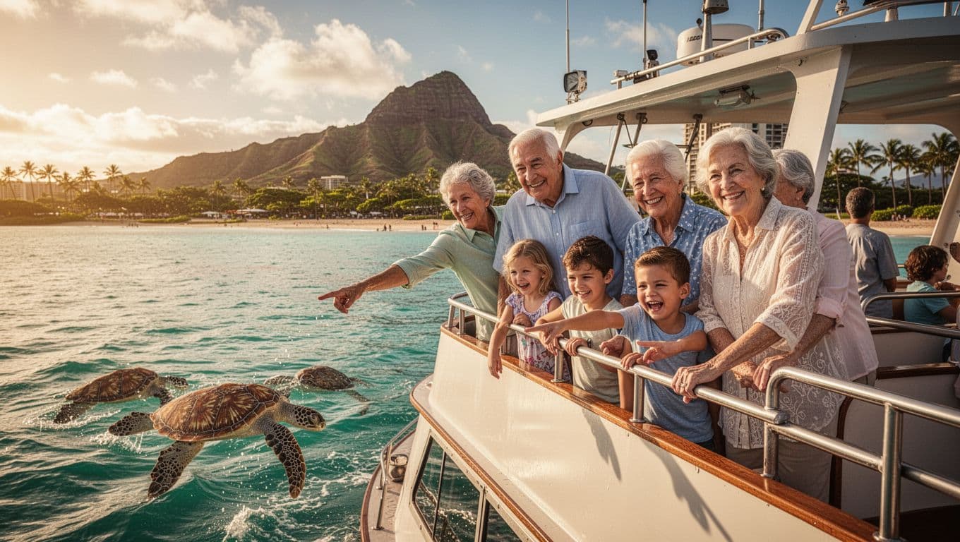 Multigenerational family including grandparents, parents, and two young children cruises on a double-decker boat off Waikiki Beach, smiling and pointing at sea turtles in turquoise waters, with Diamond Head in the golden hour background.