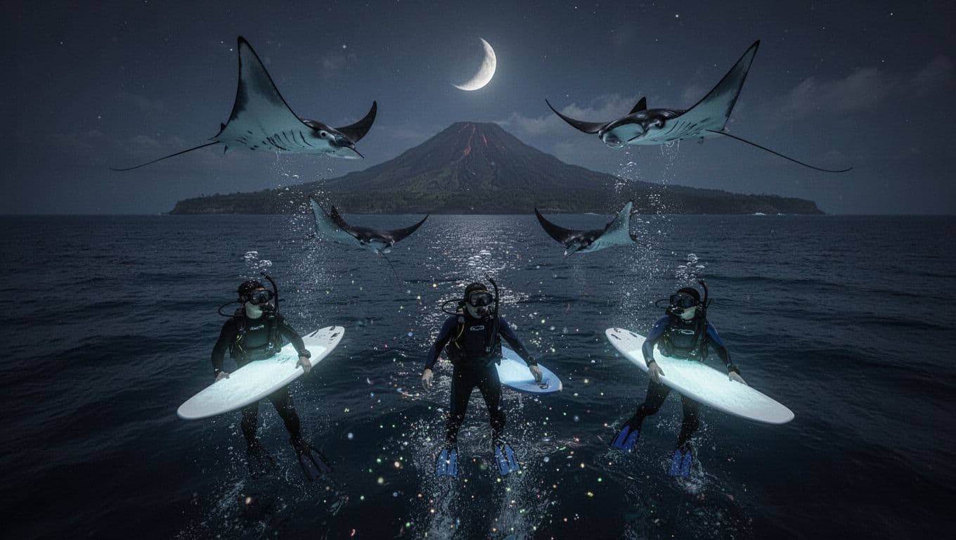 Dark moody ocean surface under faint new moon crescent with manta rays approaching snorkelers toward boat's underwater lights, Big Island volcanic coastline in background, cinematic dramatic lighting.