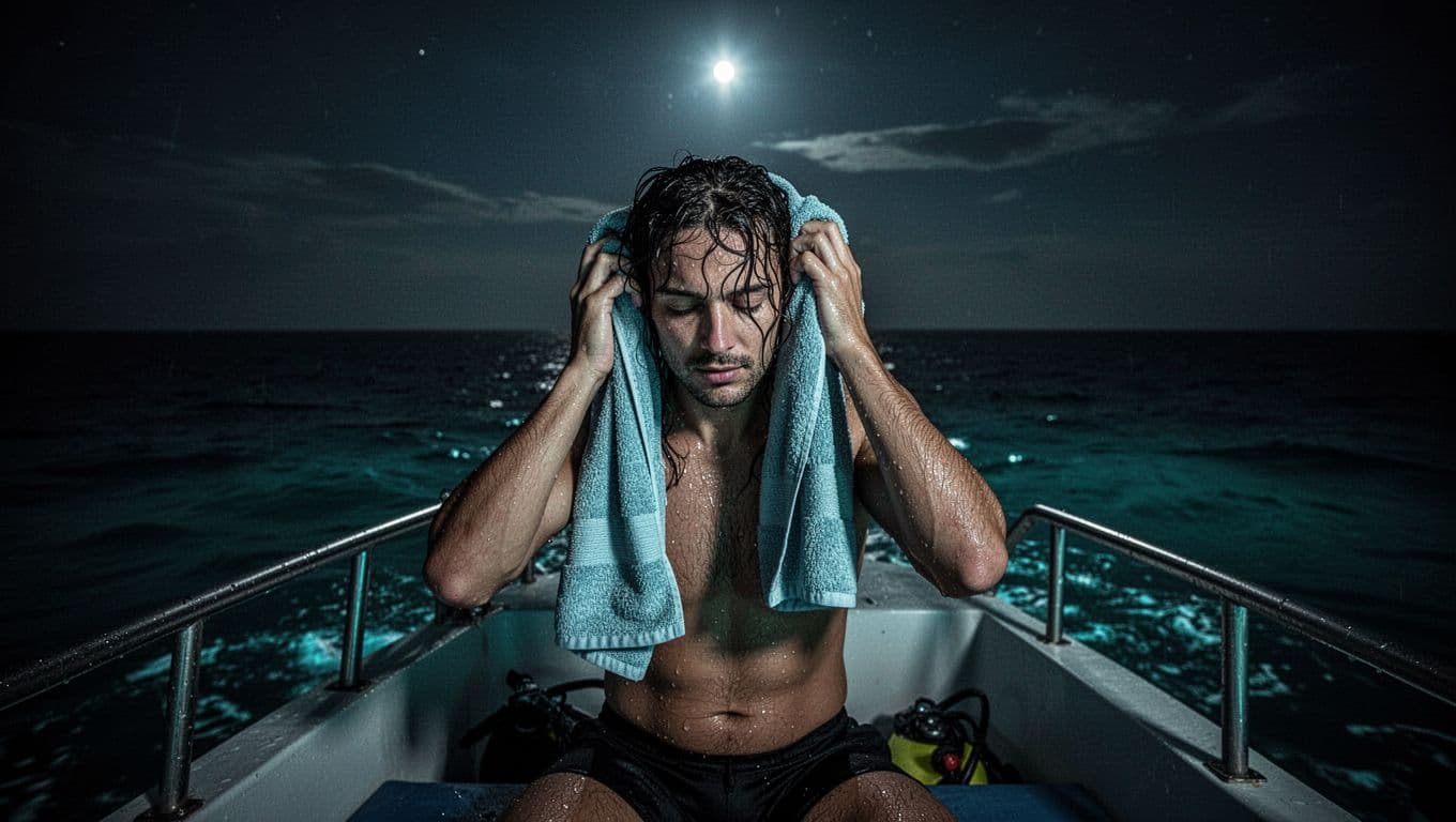 Traveler wrapping wet hair in a towel on a boat at night.