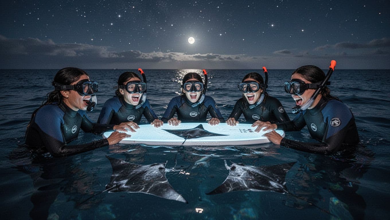 Five snorkelers in wetsuits hold lit floating board as manta rays circle below in dark ocean under stars.