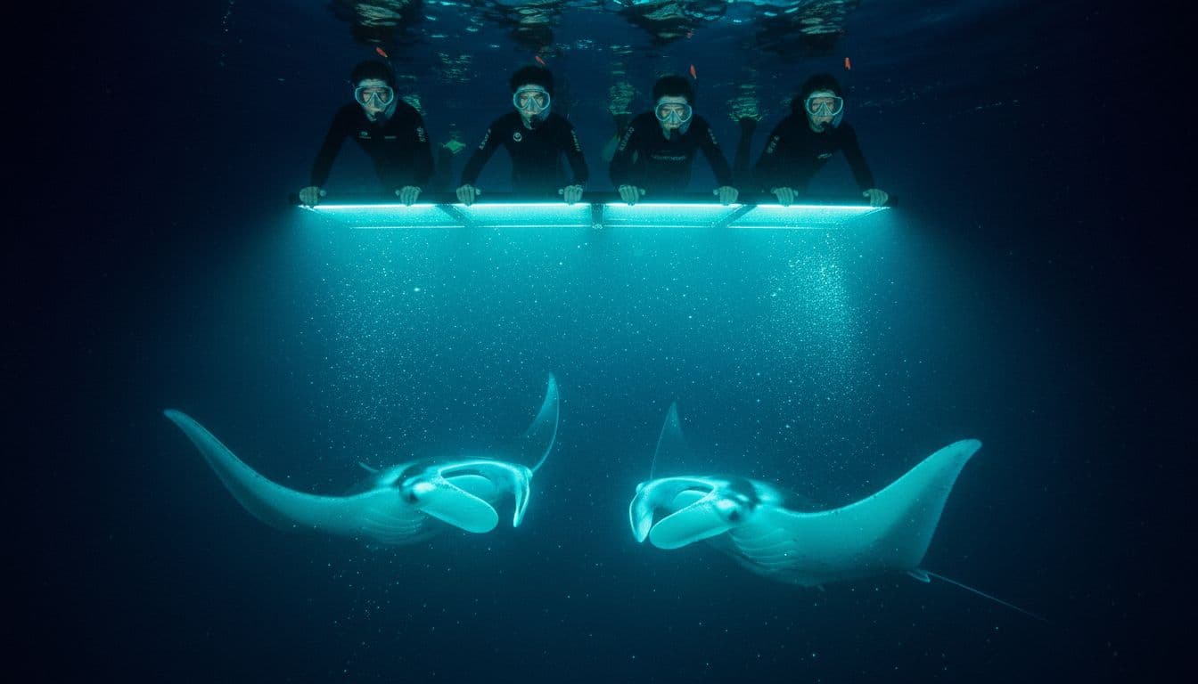 Four snorkelers hold illuminated light board as two manta rays loop close in dark glowing ocean.
