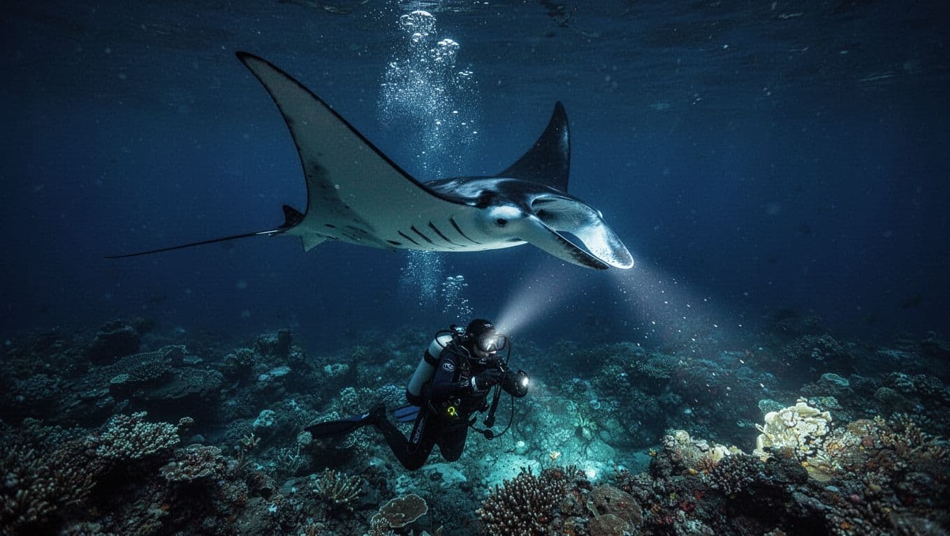 A manta ray swims above a diver's light in dark tropical water.
