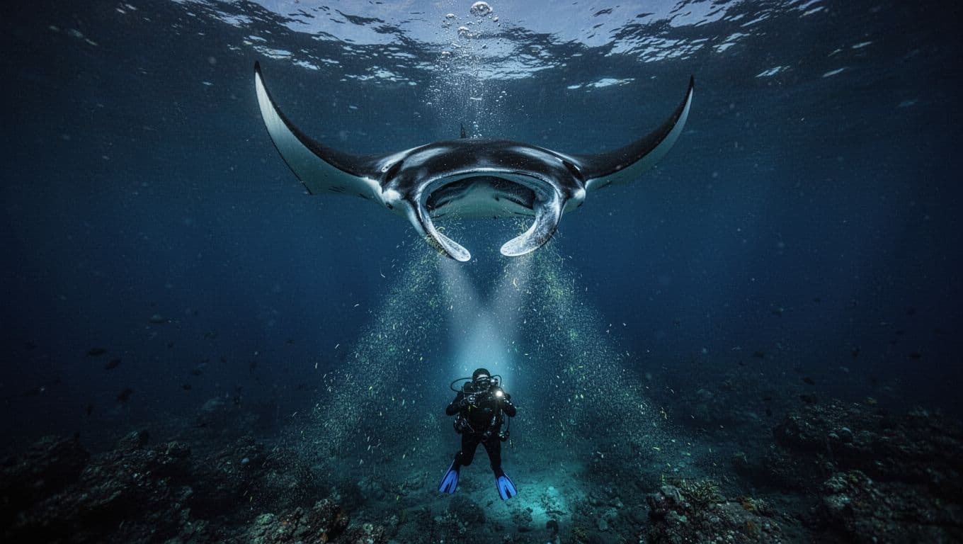 A manta ray feeds above a diver's light in the dark Hawaiian ocean.