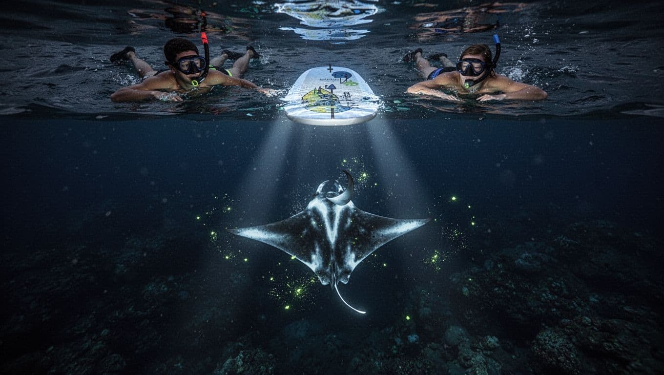 Graceful manta ray gliding close to surface performing barrel roll attracted to plankton near custom lighted snorkel board at night in Kona Hawaii, with dark ocean depths below and two snorkelers floating calmly above.