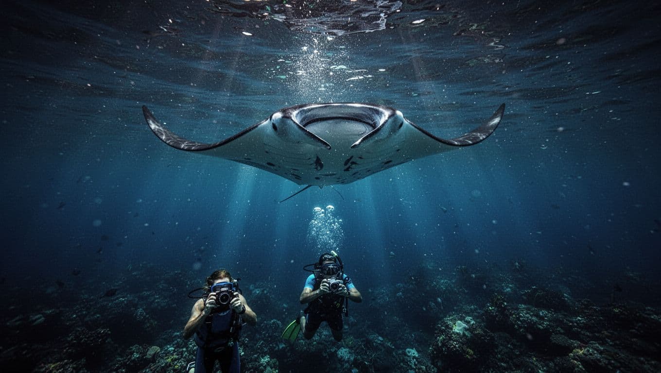 A manta ray glides above a lone snorkeler in dark blue Hawaiian waters.