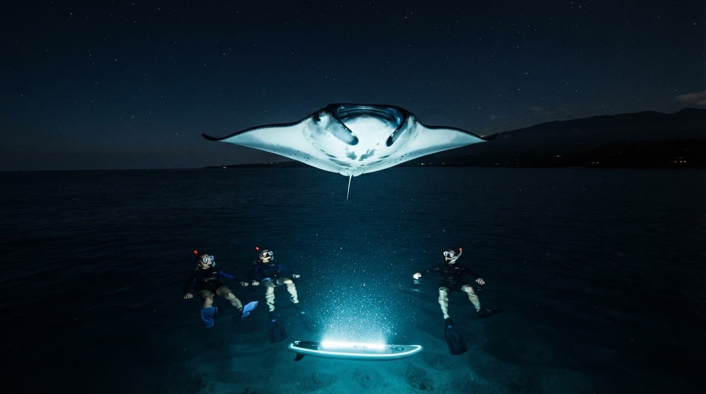 One manta ray glides above three snorkelers under cyan light at night.