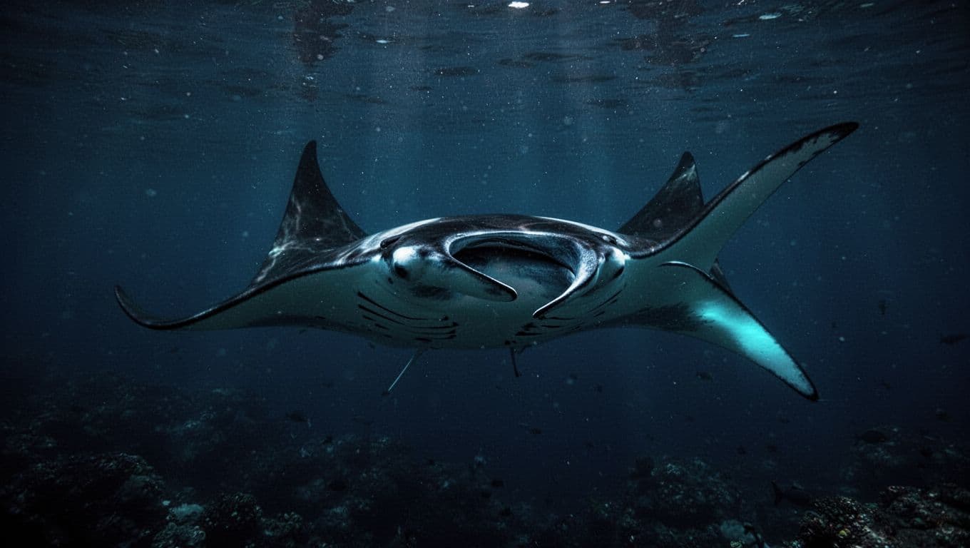 A graceful manta ray glides through the dark blue depths of the ocean at night. Bioluminescent edges glow on its wings while soft light filters down from the surface above.