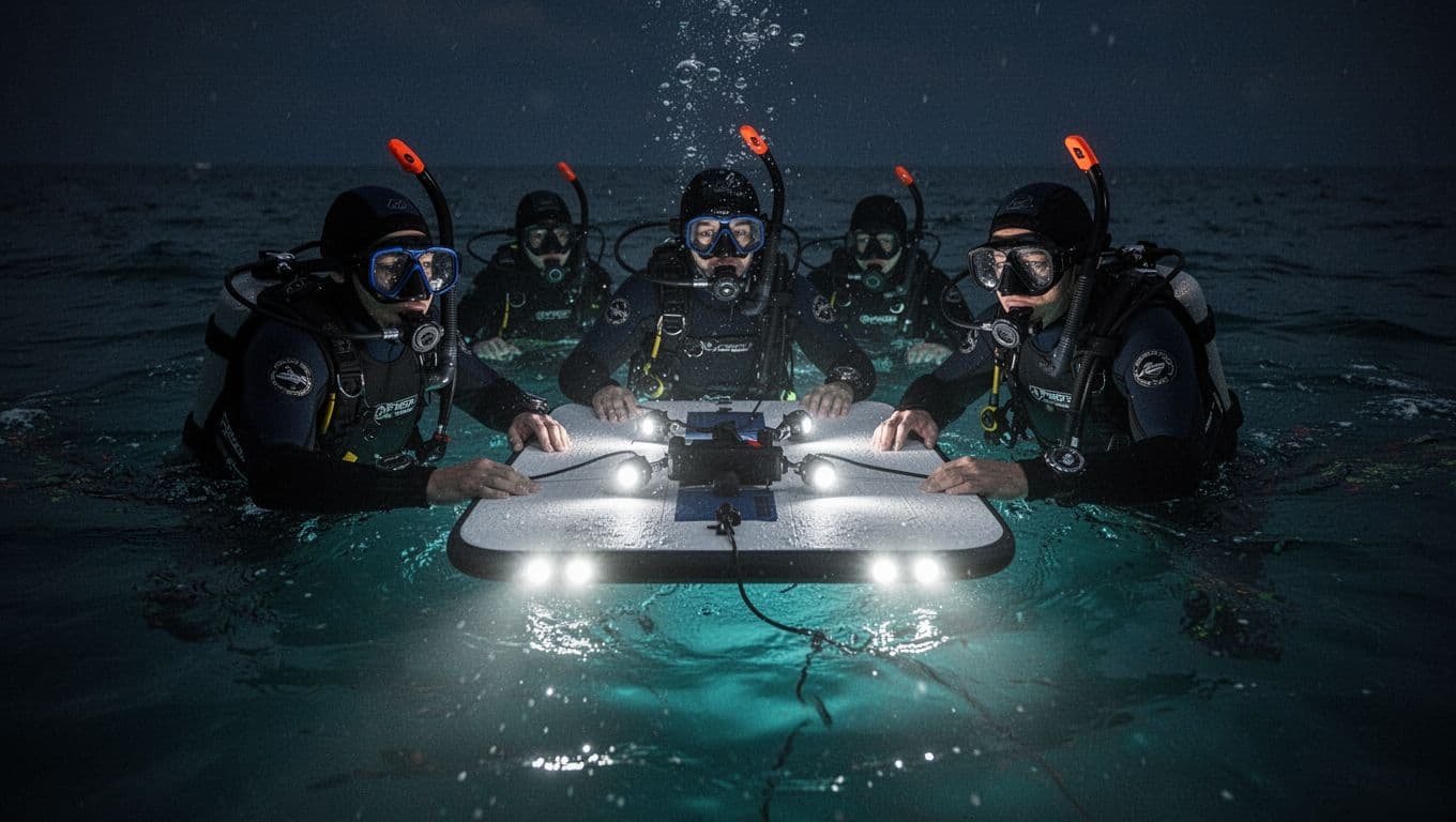 Grouped swimmers in snorkeling gear drift across dark ocean waters while clutching a luminous rectangular board. Vibrant cyan light emanates from beneath the surface, illuminating their floating forms against the abyss.
