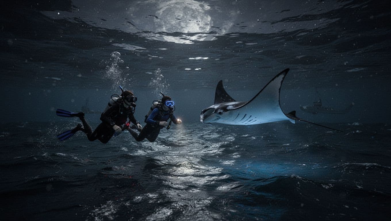 Snorkelers glide with gentle manta rays under boat lights in dark ocean waters, illuminated by cinematic dramatic lighting and moonlit waves on the surface.