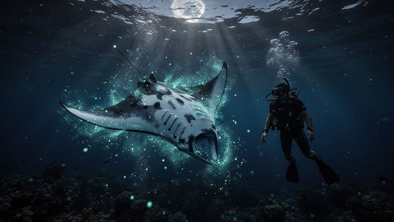 Large graceful manta rays somersault under a glowing lightboard attracting a plankton cloud during a night snorkel off Big Island, Hawaii, with silhouetted snorkelers floating at the surface in deep blue ocean depths featuring bioluminescent hints and dramatic cinematic lighting.