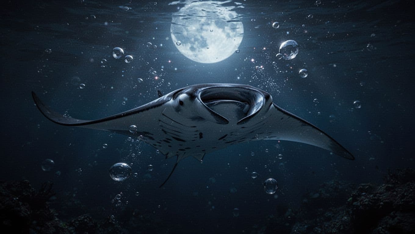 A graceful manta ray glides through dark ocean waters, illuminated by ethereal blue light. Tiny bubbles drift upward around its wings as light sparkles shimmer against the creature's broad frame.