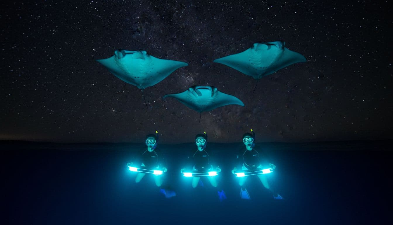Three snorkelers gaze up at manta rays gliding overhead, lit by glowing snorkel boards under starry sky.