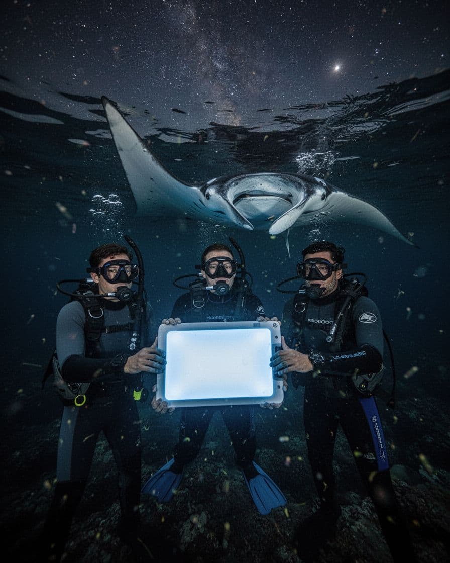 Three snorkelers hold illuminated board as giant manta ray swims close in dark ocean off Kona under starry sky.
