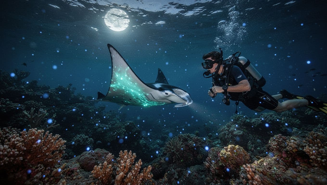 Serene underwater scene of a snorkeler viewing a graceful manta ray gliding by a coral reef at night off Kona, Hawaii Big Island, illuminated by soft blue lights.