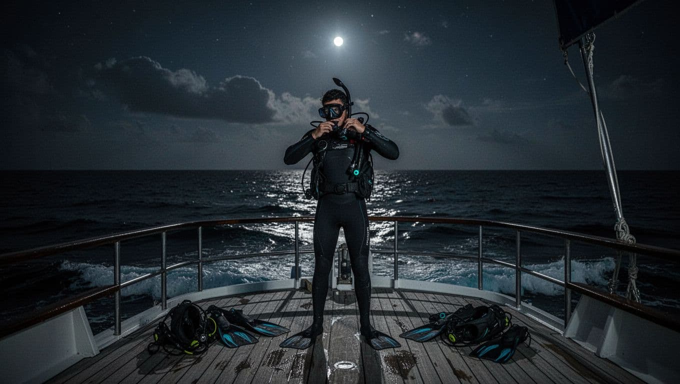 A person stands on a boat deck at night, adjusting snorkel fins with glowing cyan equipment nearby. Dramatic shadows frame the scene as light reflects off the dark ocean waves below.
