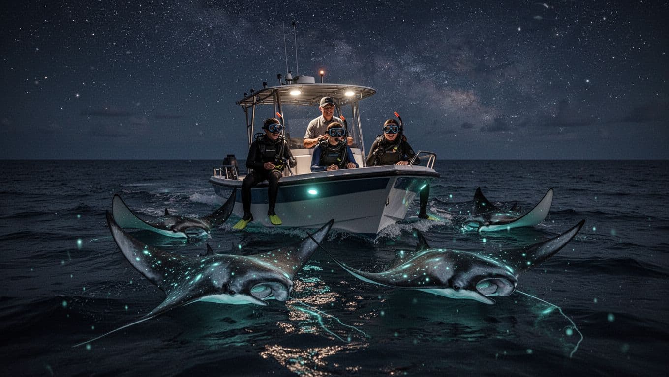 Underwater surface view of graceful manta rays gliding close to three snorkelers and a guide during a night snorkel tour, attracted by lighted boards from the boat, under a starry sky with dramatic cinematic lighting and bioluminescent glow.