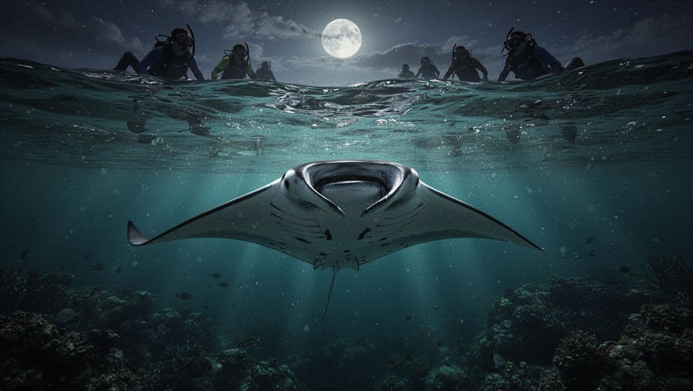 A manta ray glides through glowing blue water beneath distant snorkelers.