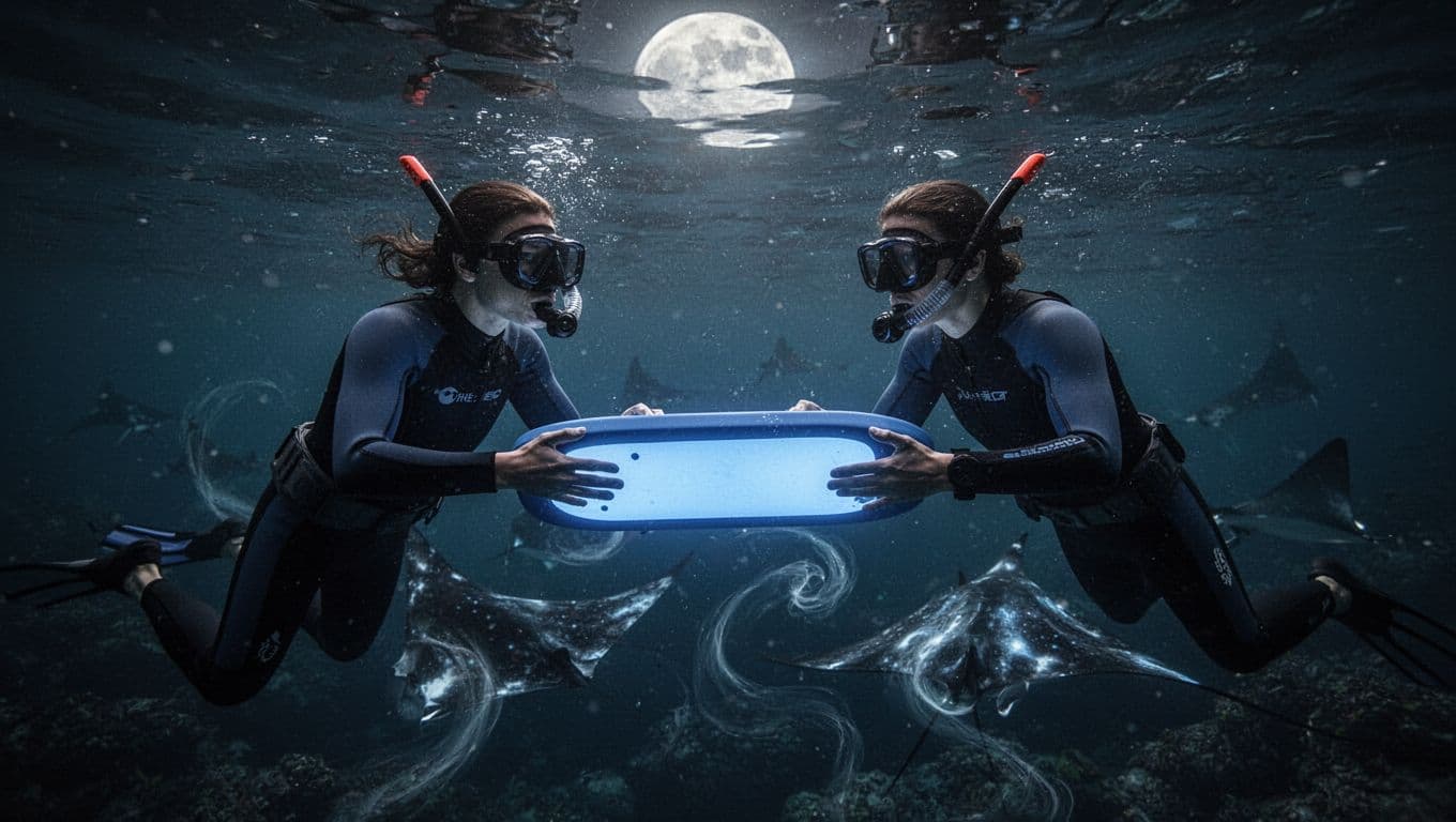 Two snorkelers watch glowing manta rays beneath a blue-lit board at night.