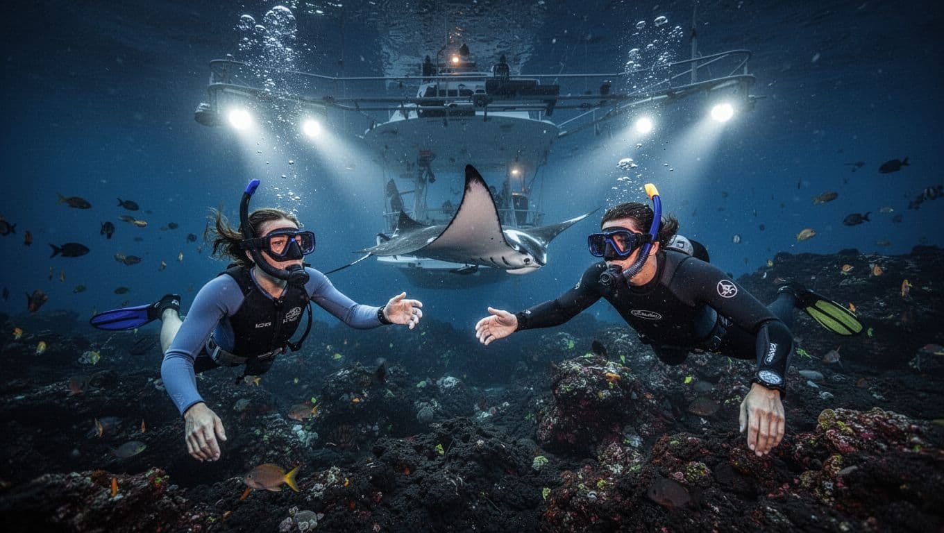 Manta ray glides near two snorkelers under boat lights at night in Kona waters, another somersaults by volcanic reef.