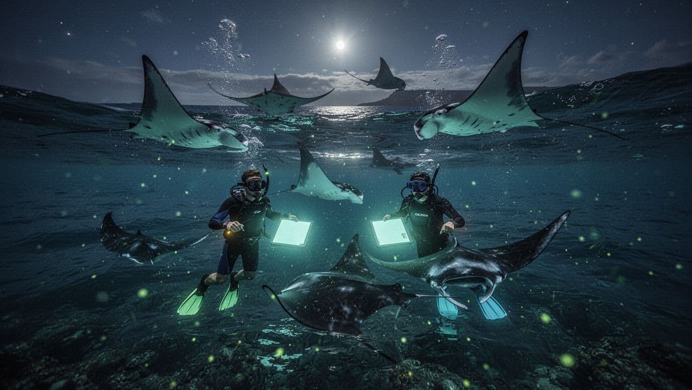 Snorkelers at night in calm Kona ocean waters off Big Island Hawaii hold lighted boards as graceful manta rays somersault and glide below the surface, attracted by plankton glow in cinematic blue tones.