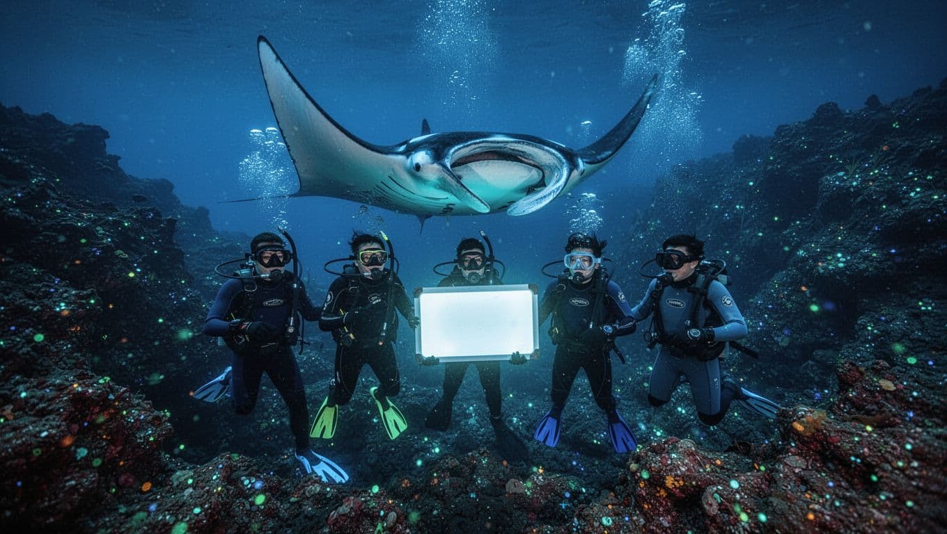 Giant manta ray glides near four snorkelers holding lighted board at night, volcanic reef glows with plankton.