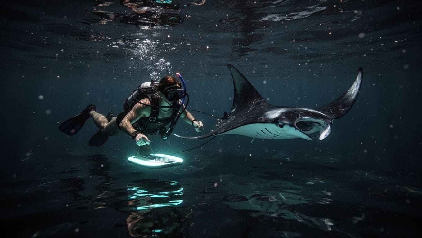 Group members in swim gear float near a glowing, custom-built board that emits a soft cyan radiance. The bright underwater lights pierce the deep darkness, creating a high-contrast cinematic scene.
