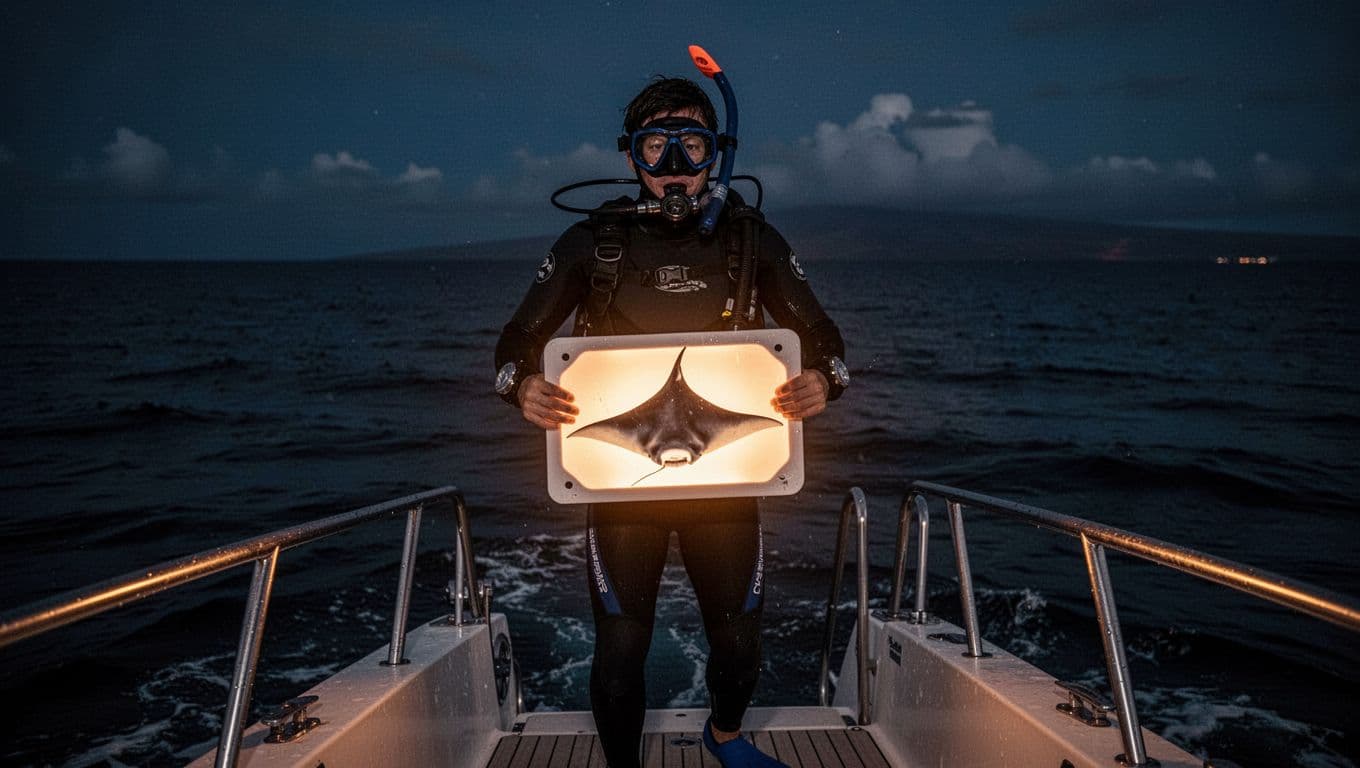 A snorkeler wearing gear prepares to enter the ocean from a boat at night, gripping a glowing LED board. Warm light illuminates the diver against the dark, mysterious Hawaiian waters.
