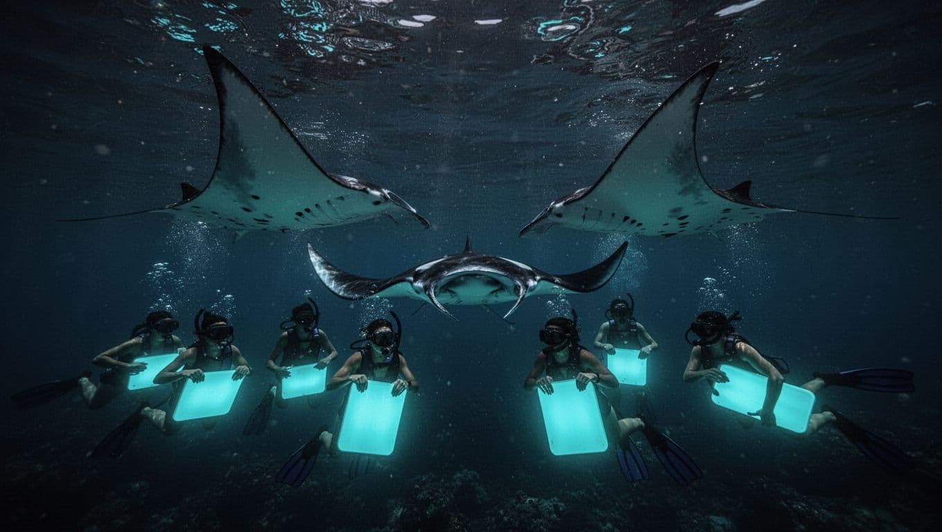 Manta rays swim near snorkelers holding glowing boards in dark water.