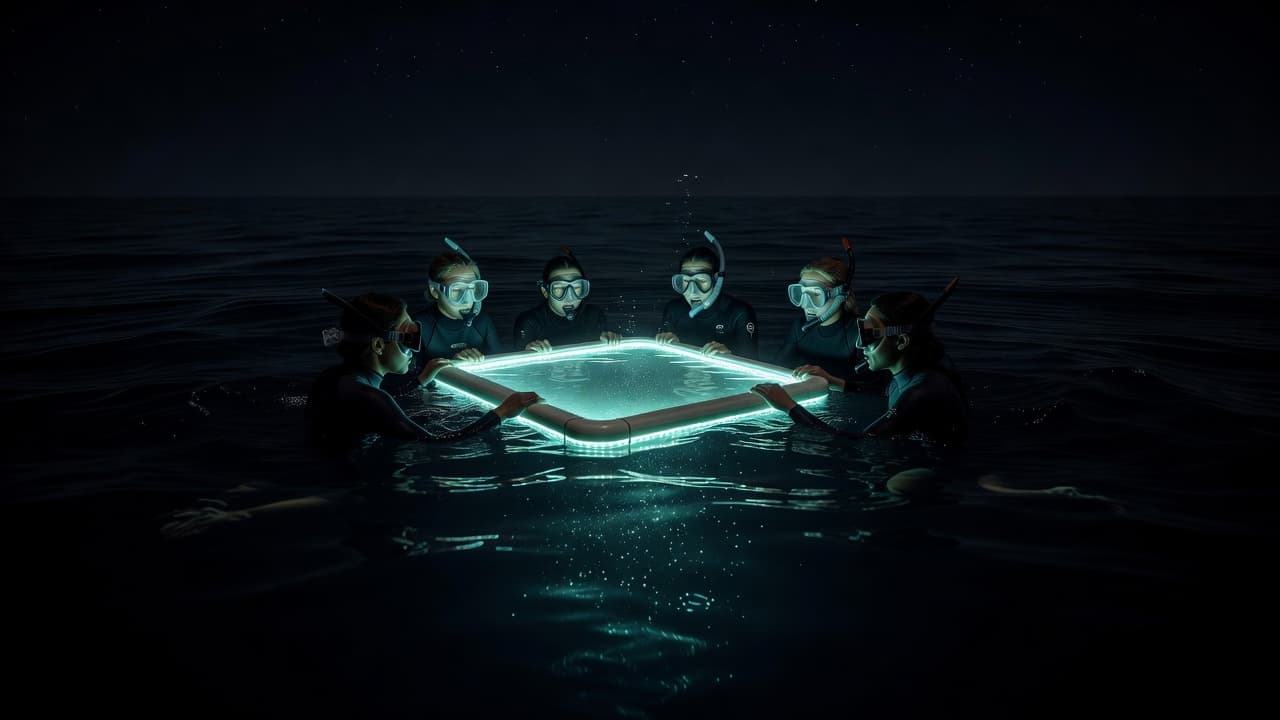 A group of snorkelers float in the dark ocean, gripping a custom light board that casts a soft cyan glow onto the water. They watch quietly for marine life to appear.