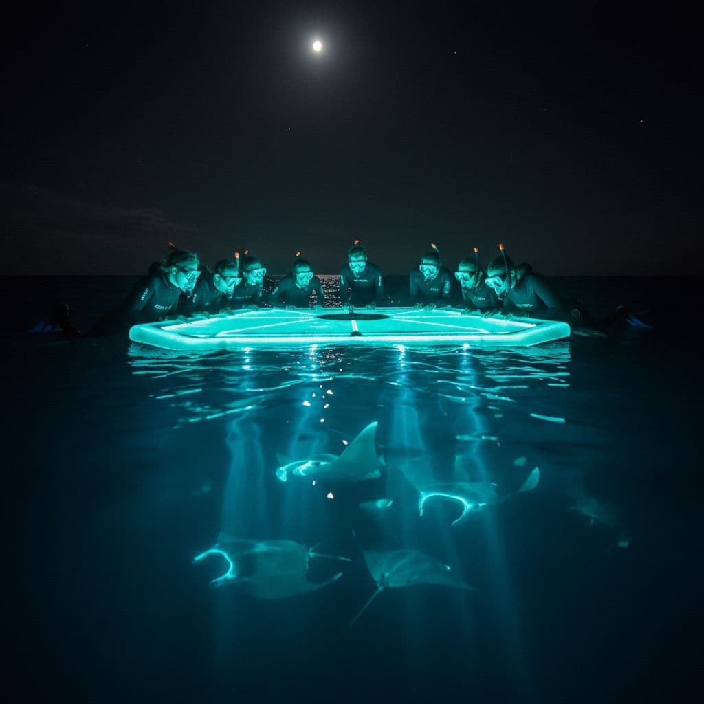A group of snorkelers floats on the dark ocean surface, gripping a bright cyan-lit board that illuminates the water below. They watch intently for marine life in the deep black sea.