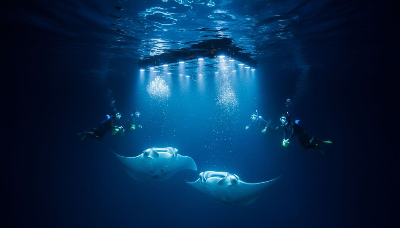 Two manta rays approach lit snorkel board under dark ocean surface, three masked snorkelers observe nearby with bubbles and plankton.
